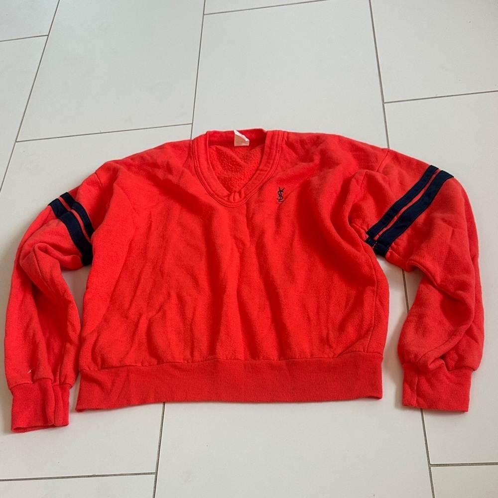 YSV Red V-Neck Sweater with Navy Stripes Large kids 10
